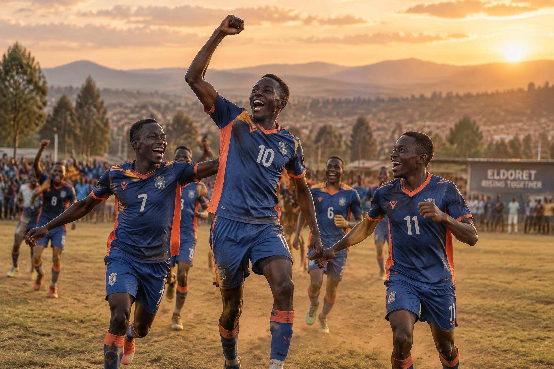Eldoret FC players celebrating at sunset